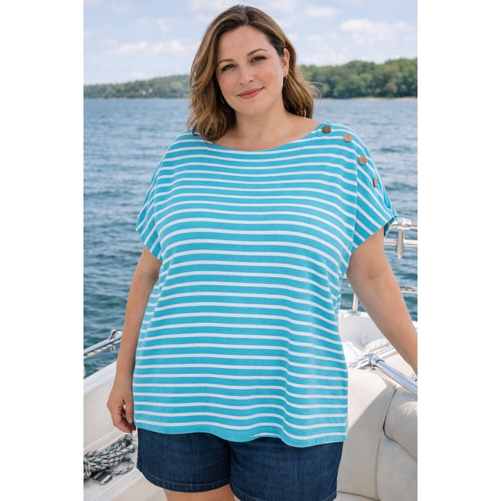 J. Jill Blue & White Striped Cotton Boat Neck Top with Button Shoulder Womens 2X